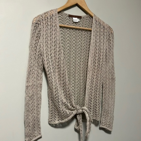 Peruvian Connection Beige Grey Crochet Knit Wrap Sweater made in Peru 100% Pima - Picture 2 of 6